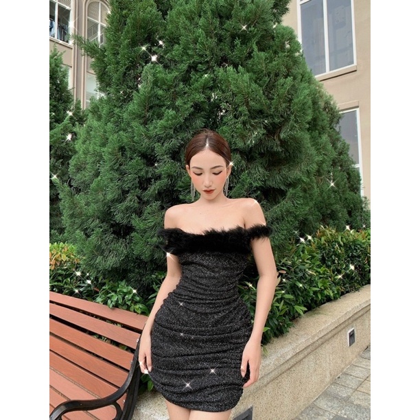 Đầm ngắn body nhún nhũ đen kim tuyến bẹt vai phối lông Váy đi chơi dự tiệc sang trọng hotgirl tk party sinh nhật sexy