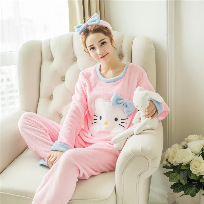 Sanrio Bộ Đồ Ngủ Hai Mảnh Áo Khoác Và Quần Dài Vải San Hô Dày Dặn In Hình Maruko chan Phong Cách Chibi Mùa Đông Dành Cho Bạn Nữ