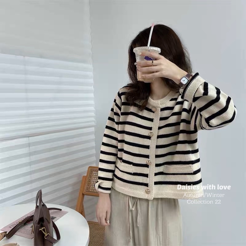 Áo Len Cardigan Kẻ Ngang Quảng Châu Cúc Đồng Basic  Áo Khoác Len Kẻ Ngang Đỏ Đen Phong Cách Hàn Quốc