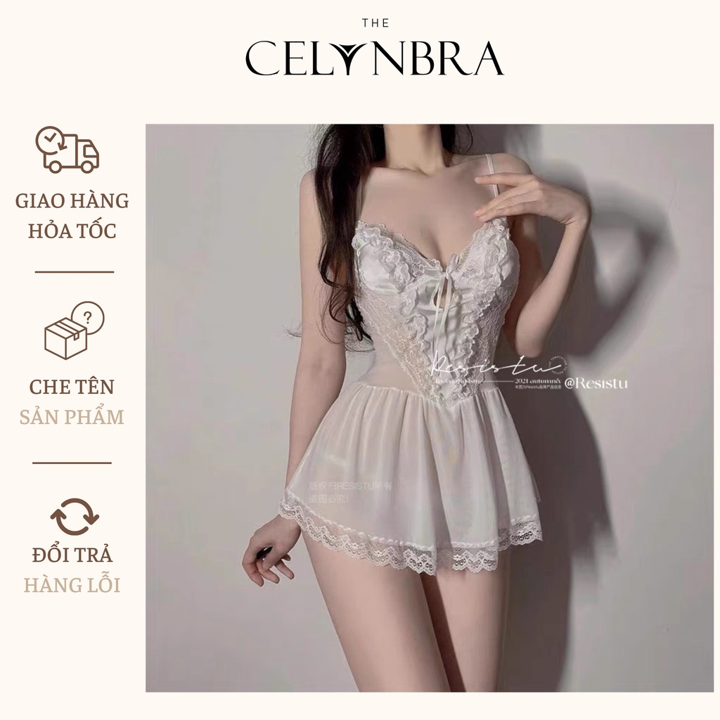Váy ngủ ren phối voan xuyên thấu dáng xòe khoét hở lưng gợi cảm THE CELYNBRA - V72