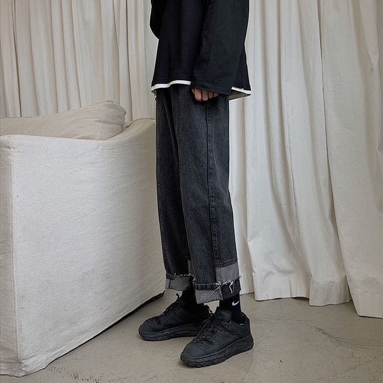 Quần Jean Dài Dáng Rộng Màu Đen Thời Trang Xuân Thu Phong Cách Hàn Quốc Cho Nam