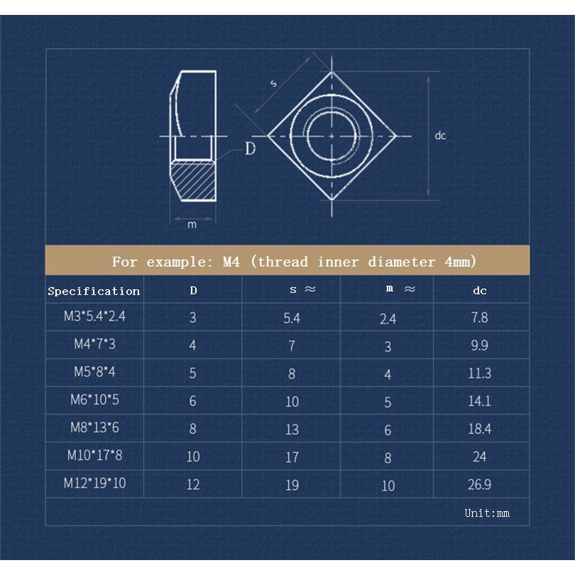 Đai Ốc Hình Vuông Bằng Thép Không Gỉ M3 M4 M5 M6 M8 M10 M12 304 / 316