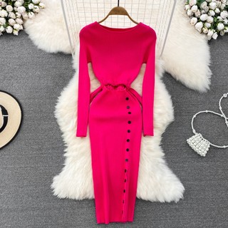 #2842 [Order] Đầm dài tay cổ tròn đính nút đen dáng ôm 7 màu tôn dáng