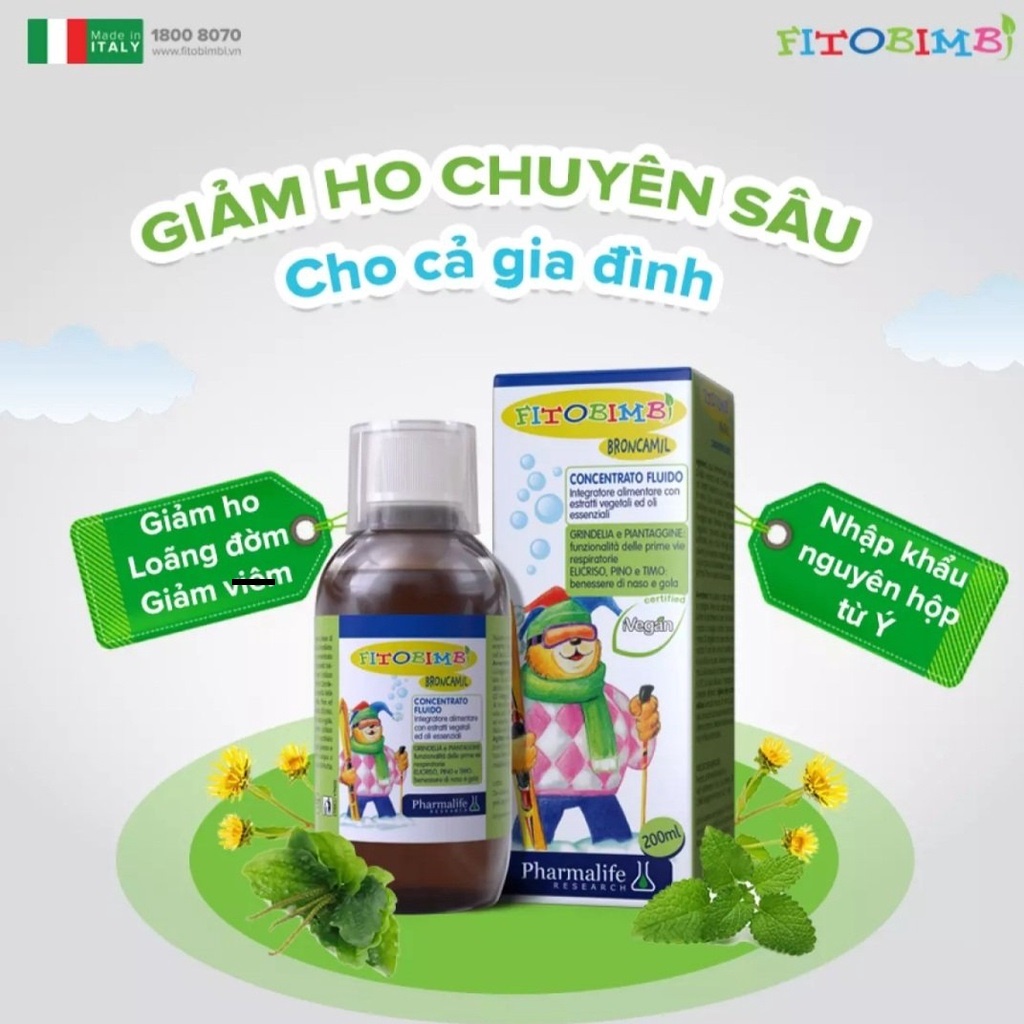 Siro ho Fitobimbi Broncamil giảm ho ba tác động, hết ho đờm, giảm kháng sinh lọ 200ml