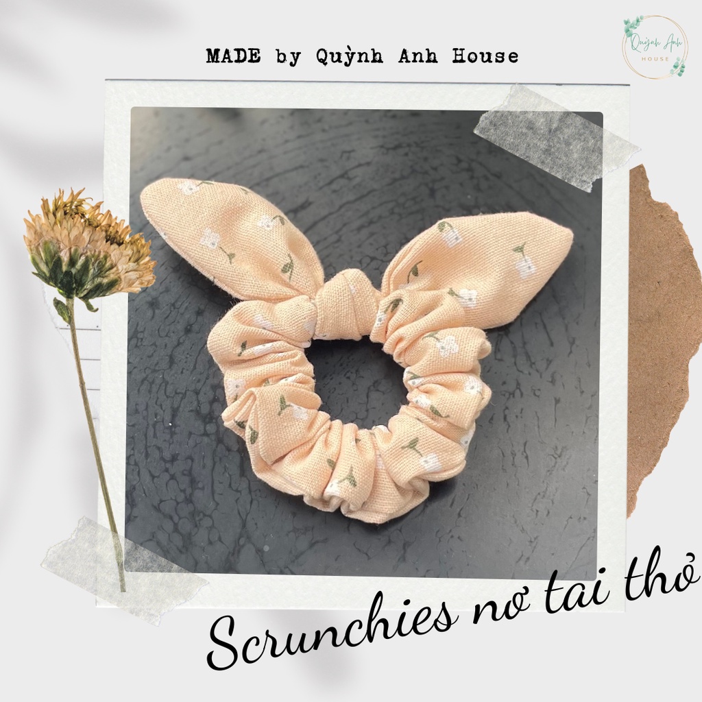 Dây buộc tóc Scrunchies handmade hoa nhí mini kèm nơ tai thỏ - QA1001
