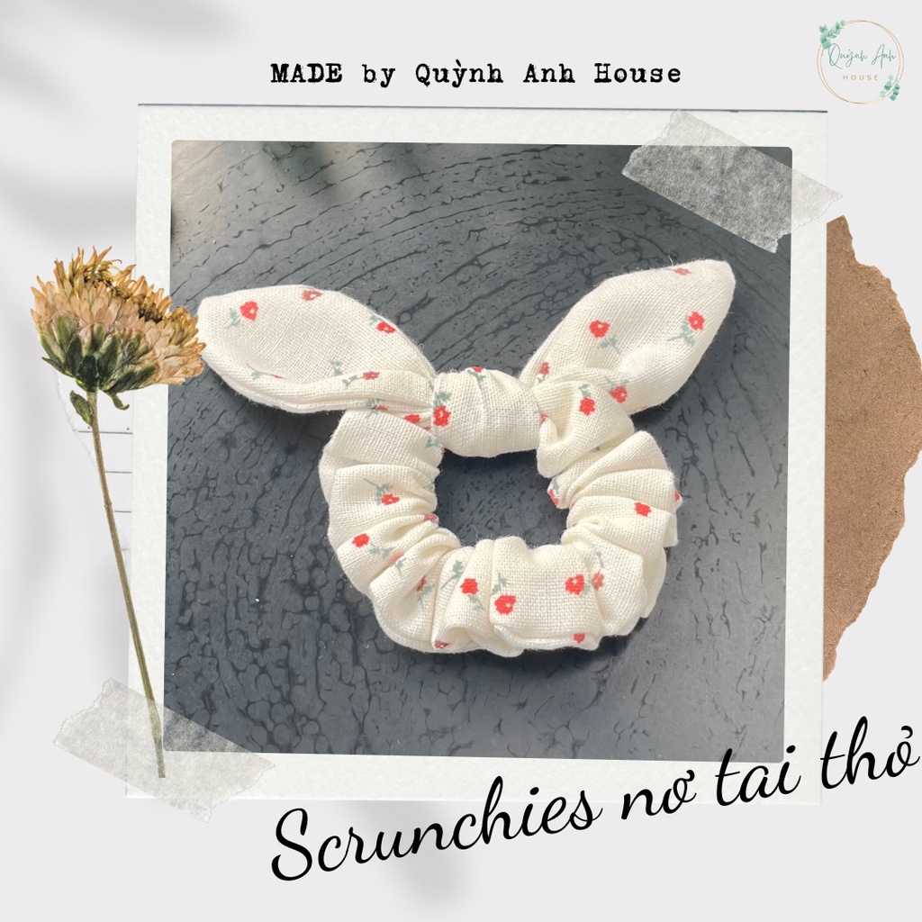 Dây buộc tóc Scrunchies handmade hoa nhí mini kèm nơ tai thỏ - QA1001