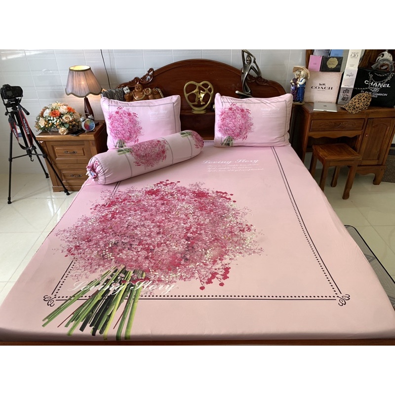 Bộ ga gối thun mát lạnh 5D cao cấp mẫu hoa tú cầu