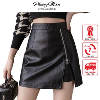  Chân váy da chữ a PHUONGMOON chân váy tuổi teen có phối khóa lệch cách điệu 