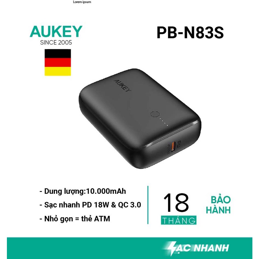Pin sạc dự phòng AUKEY PB-N83s 10000mAh 2 cổng sạc nhanh PD 18W và USB QC 3.0 - hàng chính hãng