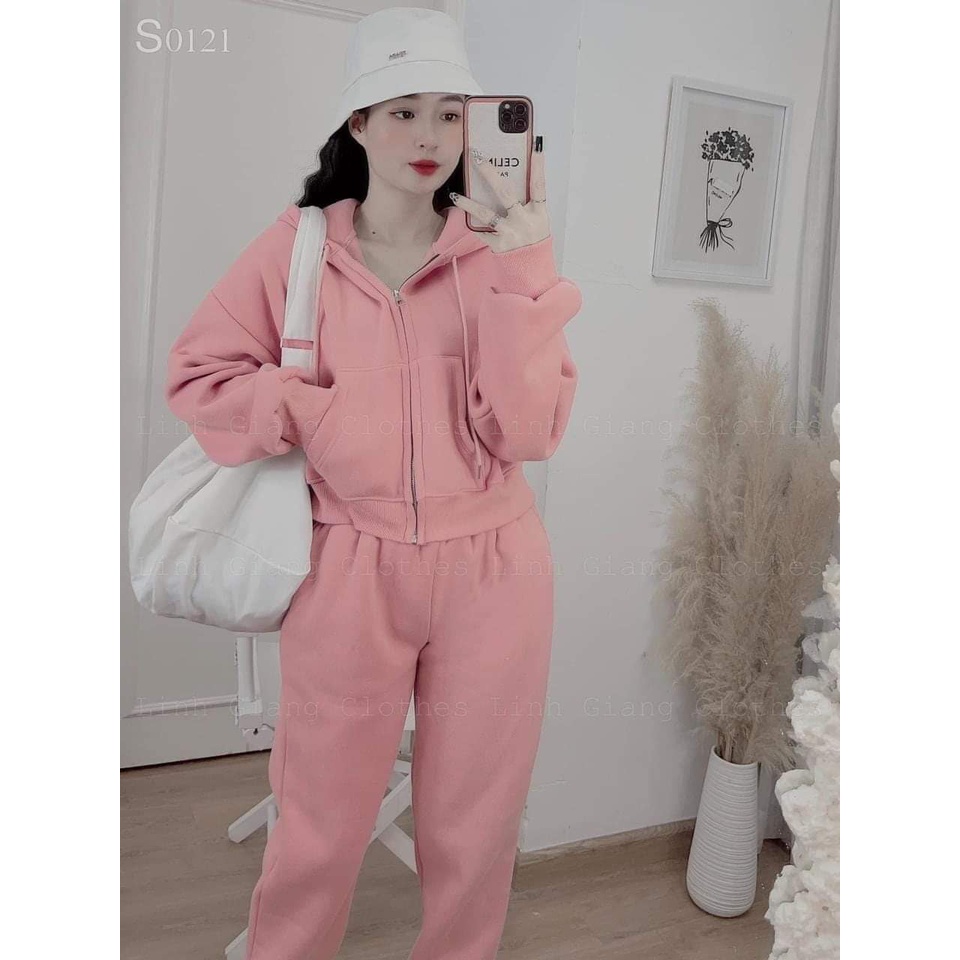 Sét bộ nỉ trơn áo croptop quần bo gấu free size