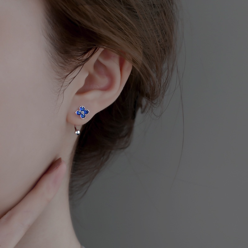 Bông tai thời trang Hàn Quốc, bông tai nữ hình chữ U, bông tai kim cương màu xanh, bông tai hoa, bông tai nữ cao cấp