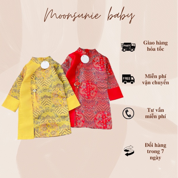 Áo dài cách tân gấm cho bé trai từ 1 đến 10 tuổi 10-42kg, họa tiết rồng kèm dây ngọc mặc tết
