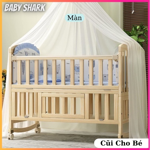 Cũi cho Bé( Combo Cũi + Quây + Màn + Đệm), Cũi gỗ trẻ em 2 Tầng Chất liệu Gỗ Thông Tự Nhiên Kích Thước 105x60x85cm