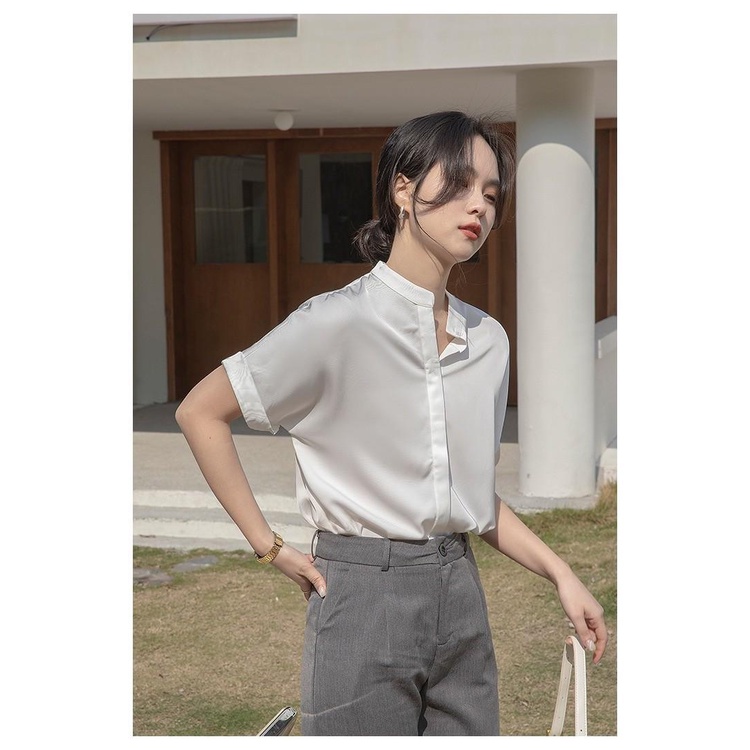 MS964 Áo sơ mi nữ trắng cổ trụ vắn tay thanh lịch