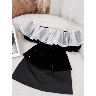 SET ÁO NHUNG ĐEN PHỐI BÈO + CHÂN VÁY ĐEN [kèm ảnh thật ]