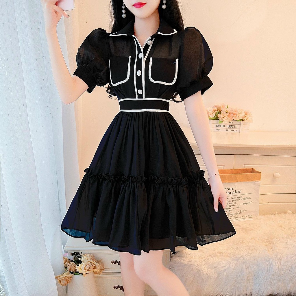 (FreeShip) Đầm voan chinfon 2 lớp,đầm nữ cổ sơ mi chạy viền nổi tay phồng dễ thương,thiết kế ôm eo đính nút sang chảnh