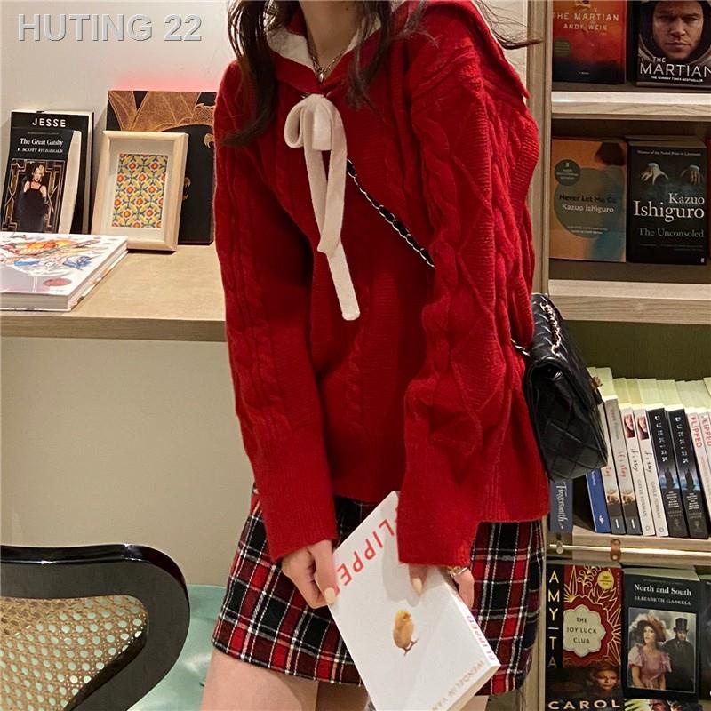 HT Áo len thủy thủ tay dài đỏ giáng sinh tết cổ thắt dây nơ ulzzang xuân đâu năm mới