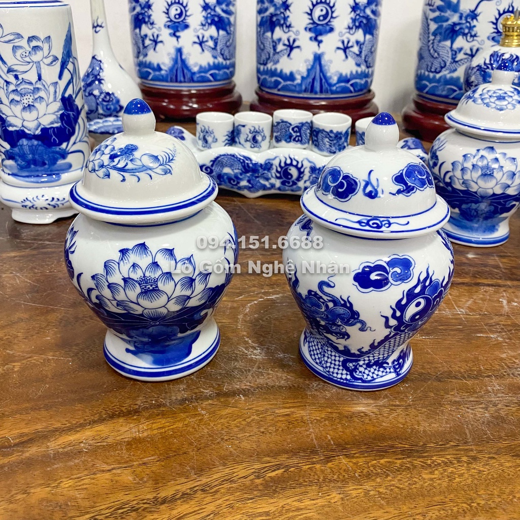 Choé Thờ Cúng, Chum Đồ Thờ Cúng Bát Tràng Men Lam Cổ Rồng - Hoa Sen Đồ Thờ Cúng Bát Tràng - Nghệ nhân chế tác