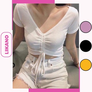 Áo croptop nữ trễ vai kiểu ôm tay ngắn, áo crt ôm body rút dây sexy LIKANO CRT20