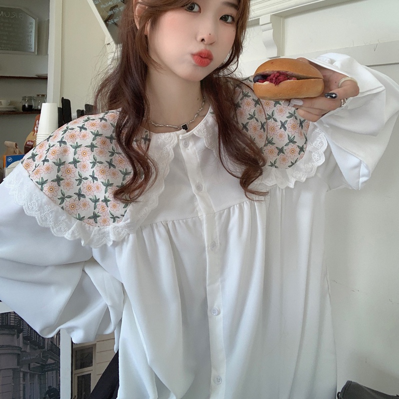 Áo sơ mi SUXI dài tay cổ búp bê họa tiết hoa dễ thương phong cách Hàn Quốc thời trang mùa thu dành cho nữ