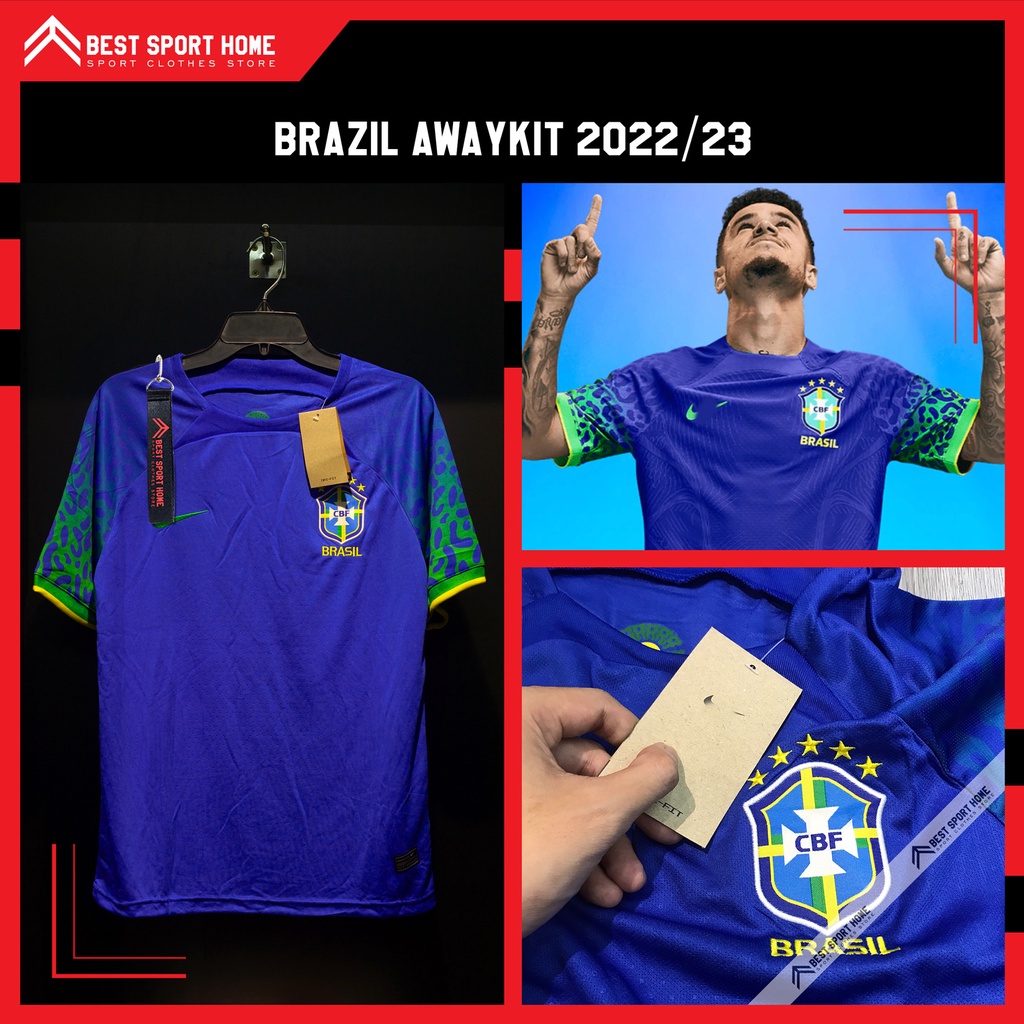 Set quần áo bóng đá Brazil sân khách 2022/23 - Vải Climacool màu xanh form Âu - In ấn tên số theo yêu cầu