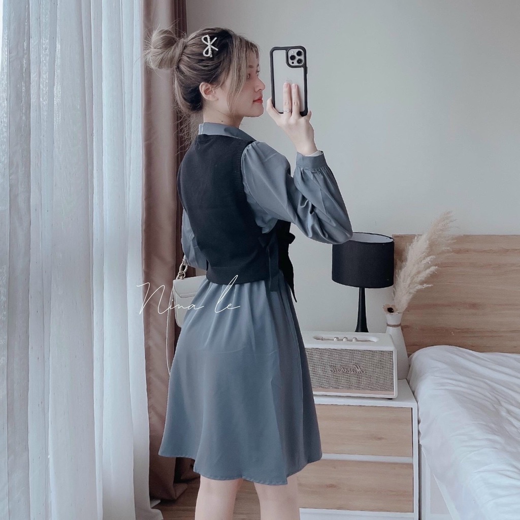 Đầm nữ thời trang mặc đi chơi chất cotton lạnh tay dài cổ sơmi nút trước kèm áo thun borip phối nơ bánh bèo