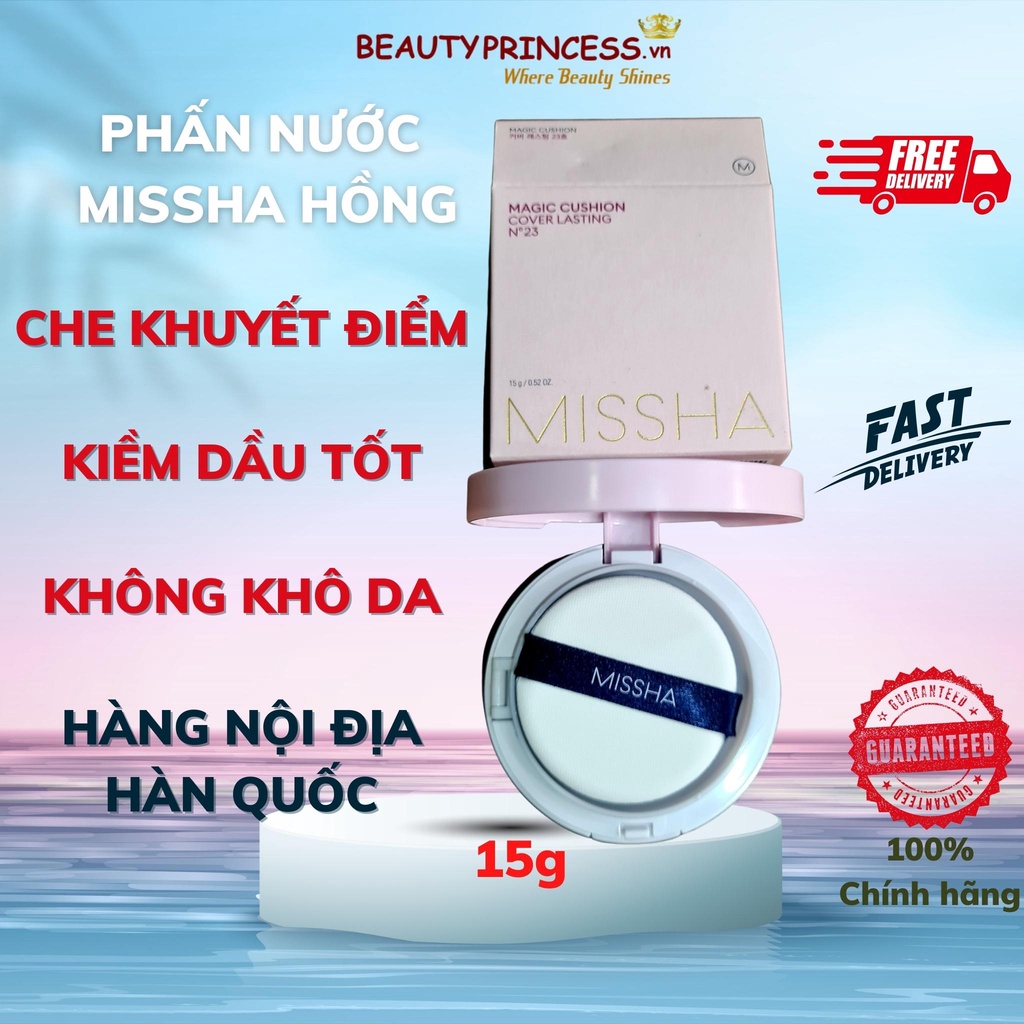 Phấn nước missha hồng, cushion missha Hàn Quốc, phấn kiềm dầu, lâu trôi, không khô da, phấn che khuyết điểm 15g