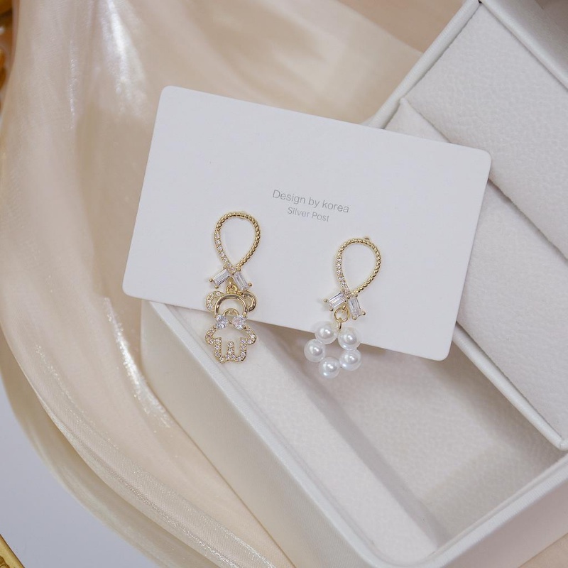 MANYUE Khuyên tai mạ kim bạc 925 hình chú gấu đính ngọc trai nhân tạo xinh xắn