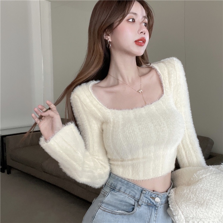 QADCOL Áo sweater Croptop Giả Lông Chồn Cổ Vuông Thời Trang Mùa Thu Cho Nữ