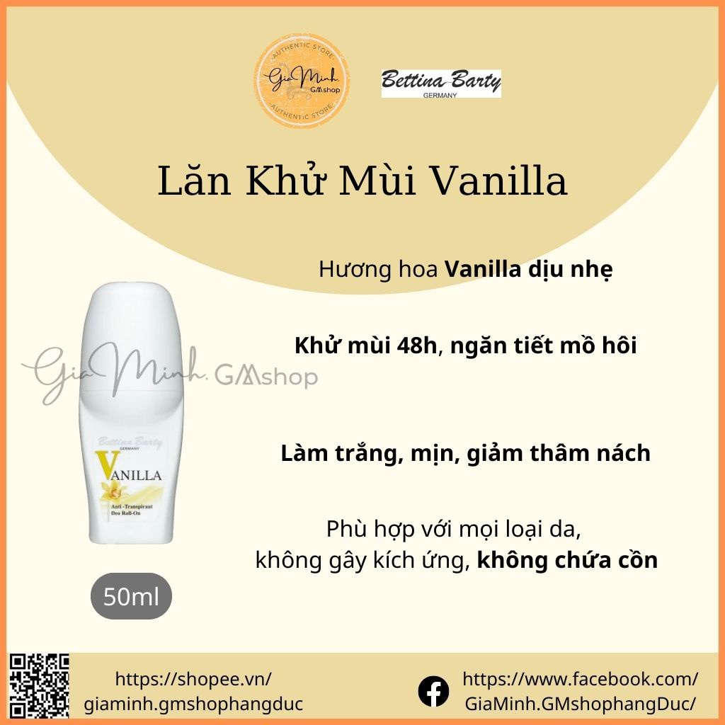 Lăn khử mùi hiệu quả 48h, khử mùi, trắng da Vanilla Bettina Barty 50ml- Nội Địa ĐỨC