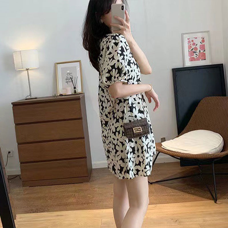 Aphrod   Đầm Tay Phồng Dáng Rộng In Họa Tiết Đơn Giản Thời Trang Pháp Cổ Điển Cho Nữ