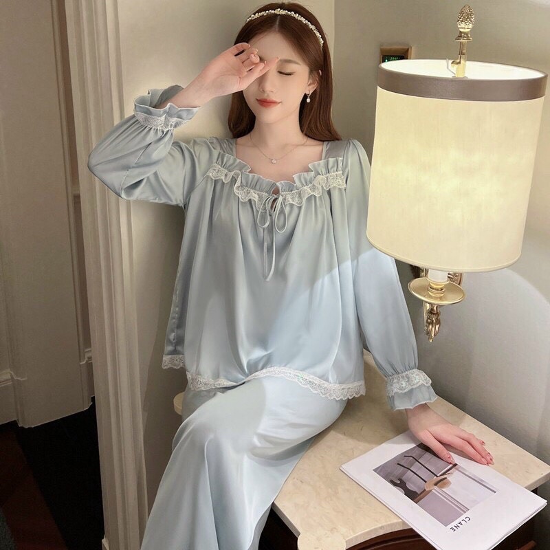 Bộ ngủ pizama dài tay nữ mặc nhà cổ tròn viền bèo lụa quảng châu mềm mịn cao cấp bộ mặc nhà sang chảnh, hàng QCCC loại 1