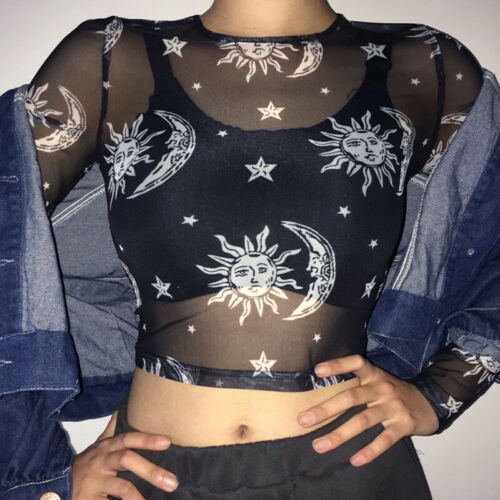 Áo Thun Lưới Tay Dài Xuyên Thấu Gợi Cảm Harajuku Hình Mặt Trời + Mặt Trăng + Ngôi Sao Cho Nữ Đi Club