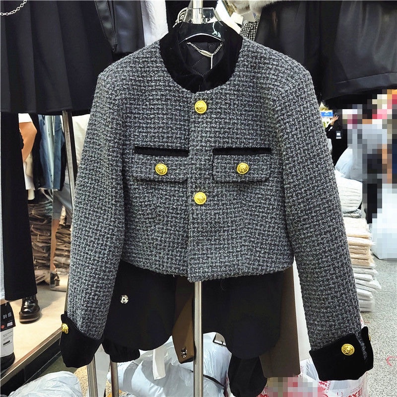 Áo khoác dạ tweed croptop phối tay đen kèm ảnh thật- có cầu vai, tay nhung Trần trám hàng sẵn | BigBuy360 - bigbuy360.vn