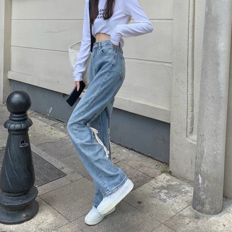 Quần jean NRVP dài ống rộng phối dây cột phong cách Hàn Quốc cho nữ