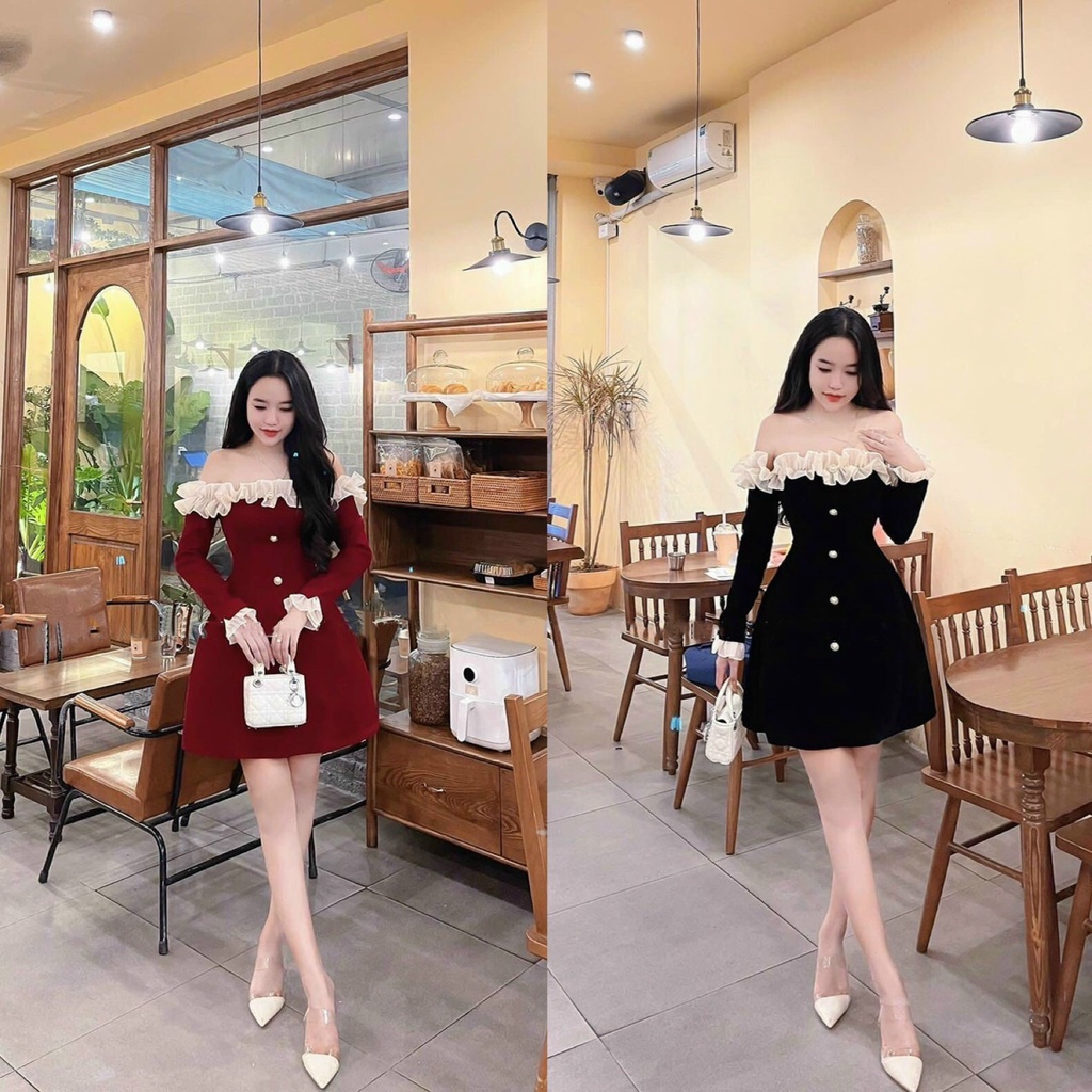 Đầm Váy Nữ Chất Nhung Trễ Vai Tay Dài Phối Bèo Cổ Đính Nút Thật
