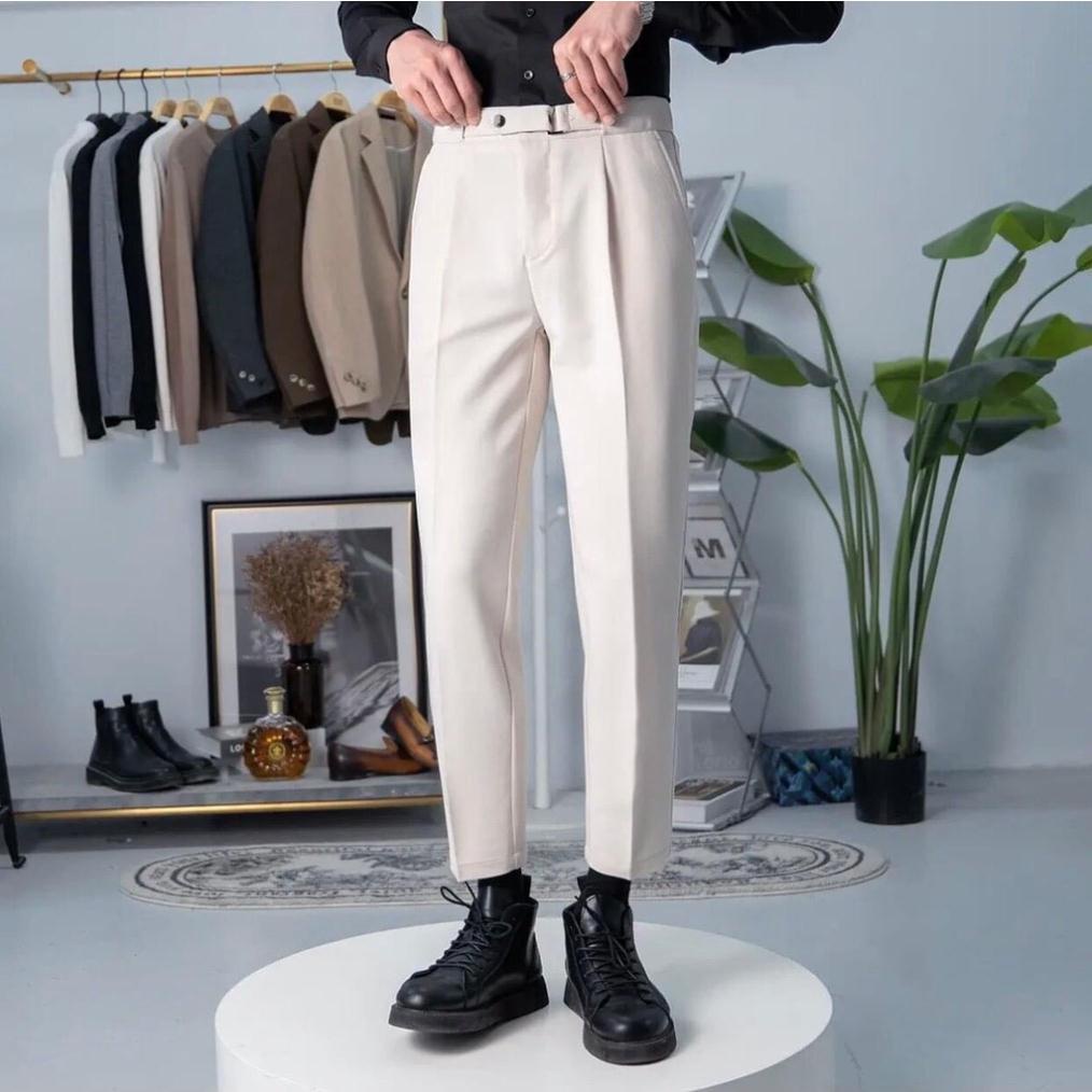 Quần âu nam cạp cao hàn quốc có đai chỉnh eo Sidetab dáng baggy, quần tây nam đen ống côn vải tuyết mưa SHINGHAI QAK