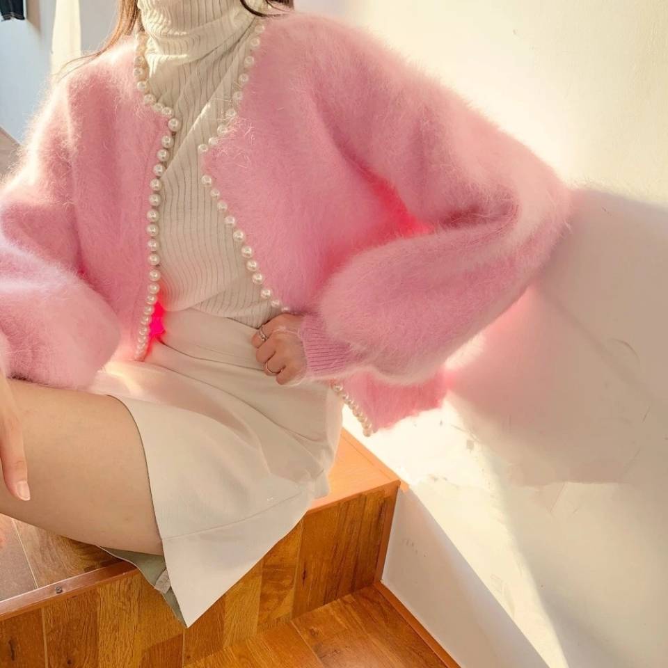 O Áo Khoác Cardigan Dệt Kim Lông Cừu Giả Màu Trơn Viền Đính Ngọc Trai Giả Thời Trang Mùa Thu Hàn Quốc Cho Nữ