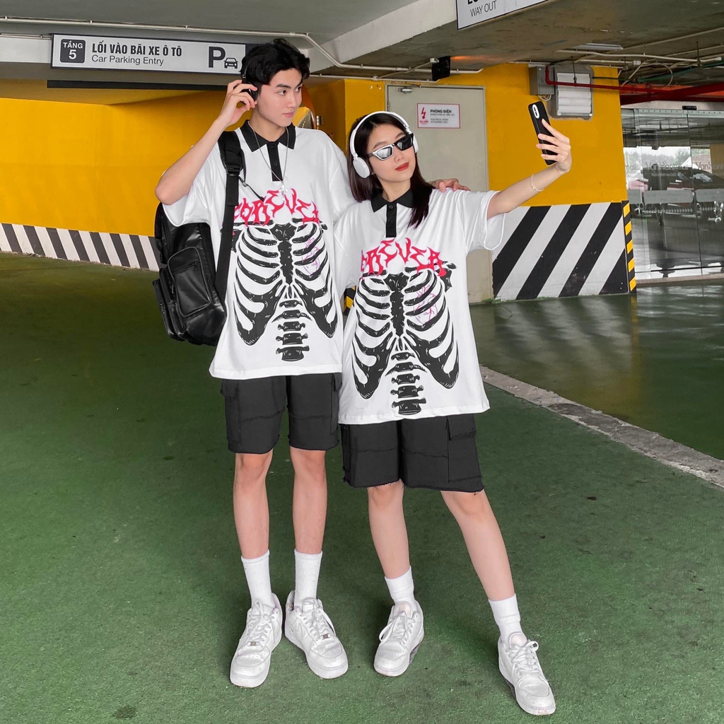 ÁO THUN FF FORM RỘNG POLO FOREVER SKELETON , VẢI THUN 2 CHIỀU 100% COTTON 250G