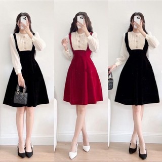 Váy nhung cổ xếp ren phối tay tơ xoè nhẹ