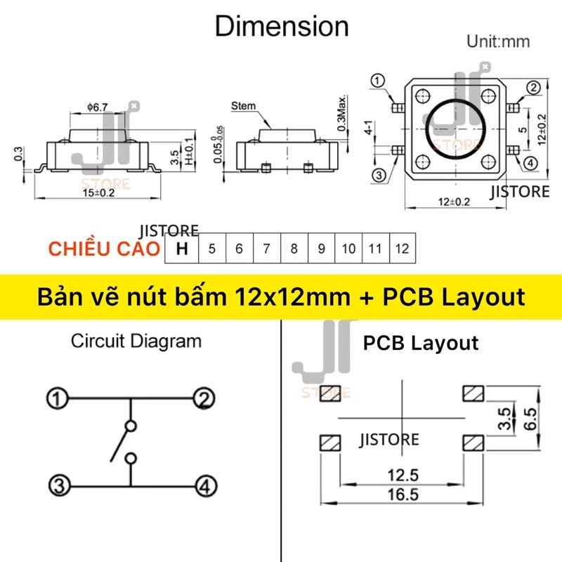 Combo 10 công tắc nút nhấn 4 chân SMD 12x12mm nhiều chiều cao 4P SMD/SMT tactile button micro switch