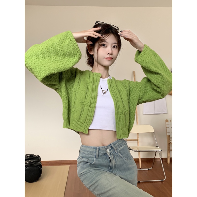 Áo khoác cardigan ZHELIHANGFEI dệt kim tay dài dáng ngắn phối dây buộc xinh xắn cho nữ