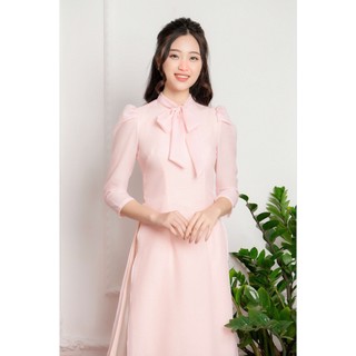 Áo dài hồng cách tân buộc nơ cổ điệu đà chất tơ đũi siêu mát by Quỳnh Hương