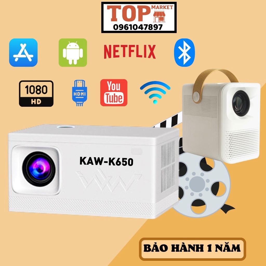 Máy chiếu thông minh gia đình, Máy chiếu mini KAW-K650, Độ phân giải Full HD, Loa to, Không cần màn chiếu, BH 12T