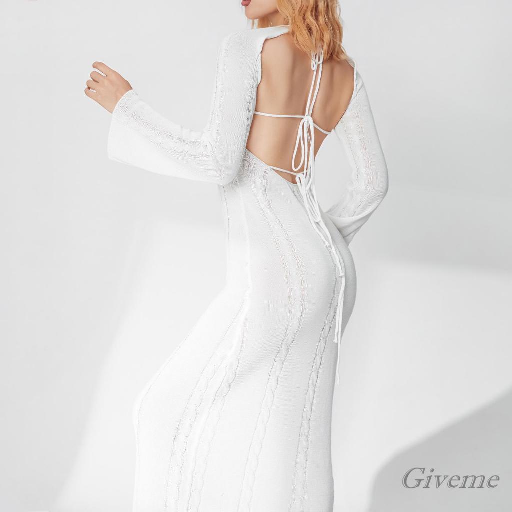 Áo Liền Quần Nữ Tay Dài Cổ Chữ U Hở Lưng Màu Trơn Thời Trang