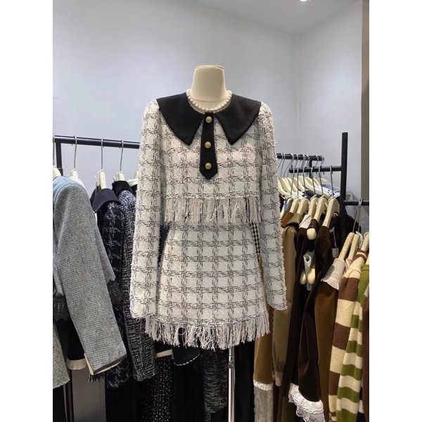 Set Dạ Tua Rua Kẻ Ô