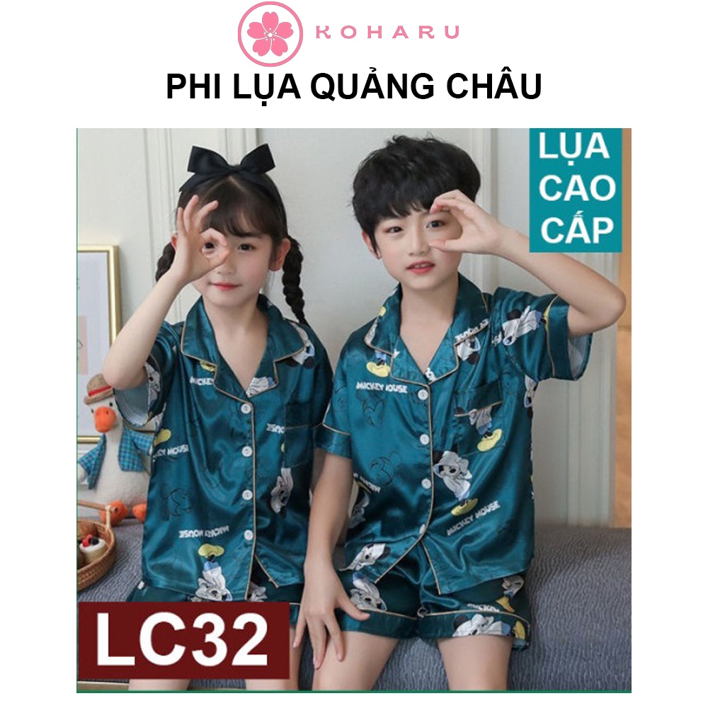 (9-21kg) ✅ Pizama PHI LỤA QUẢNG CHÂU Mickey xanh LC32 trẻ em, đồ ngủ cộc bé trai, bé gái