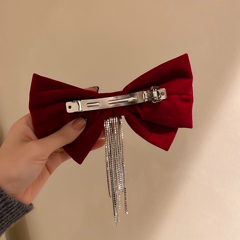 Kẹp Tóc Hình Nơ Màu Đỏ Rượu Vang Đính Kim Cương Giả Thời Trang Cho Nữ