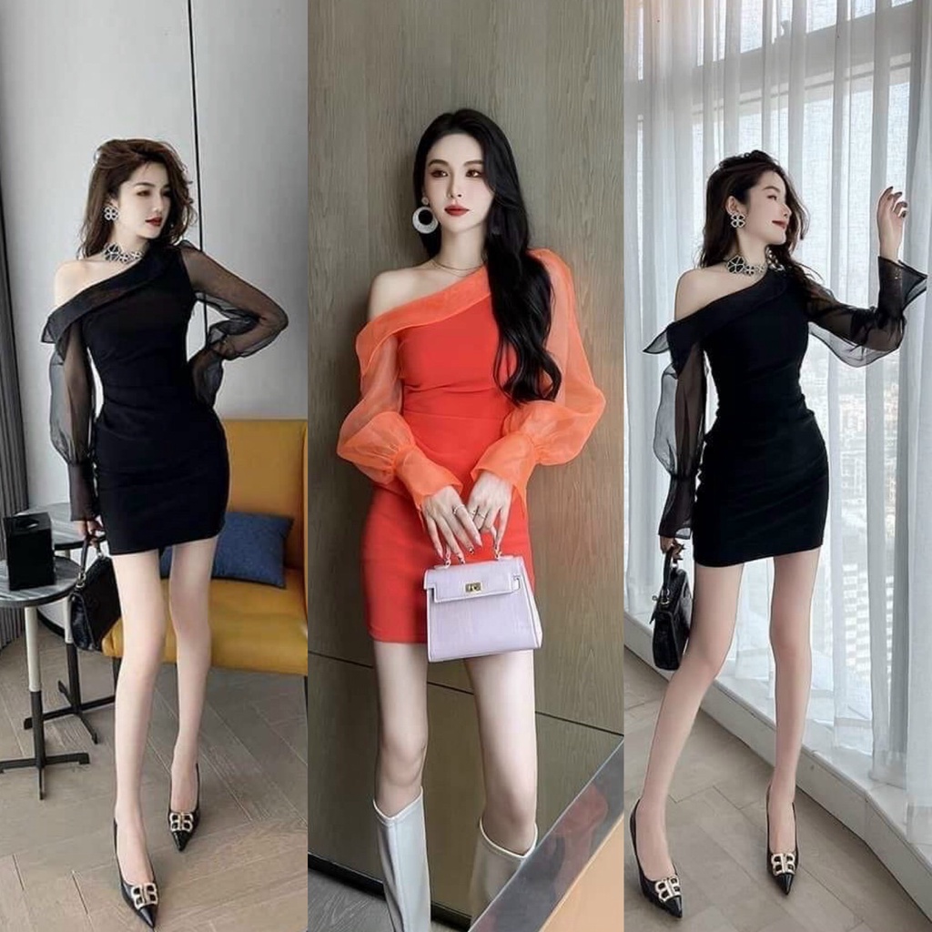 Váy Đầm Nữ Ôm Body Lệch Vai Phối Tay Dài Lưới ( Có Mút Ngực ) Thiết Kế Sang Chảnh Đi Làm Công Sở, Dạ Hội Và Du Lịch