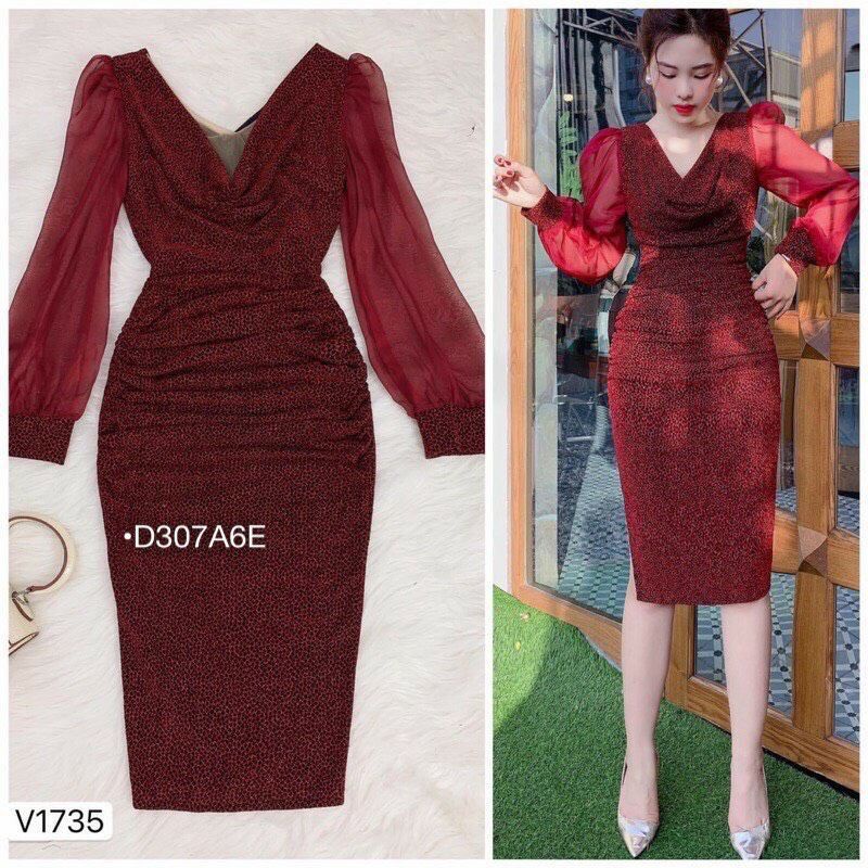 Đầm dài đi tiêc váy body thun nhũ phối tay phồng cỗ đỗ kiểu dáng sang chảnh quyến rũ